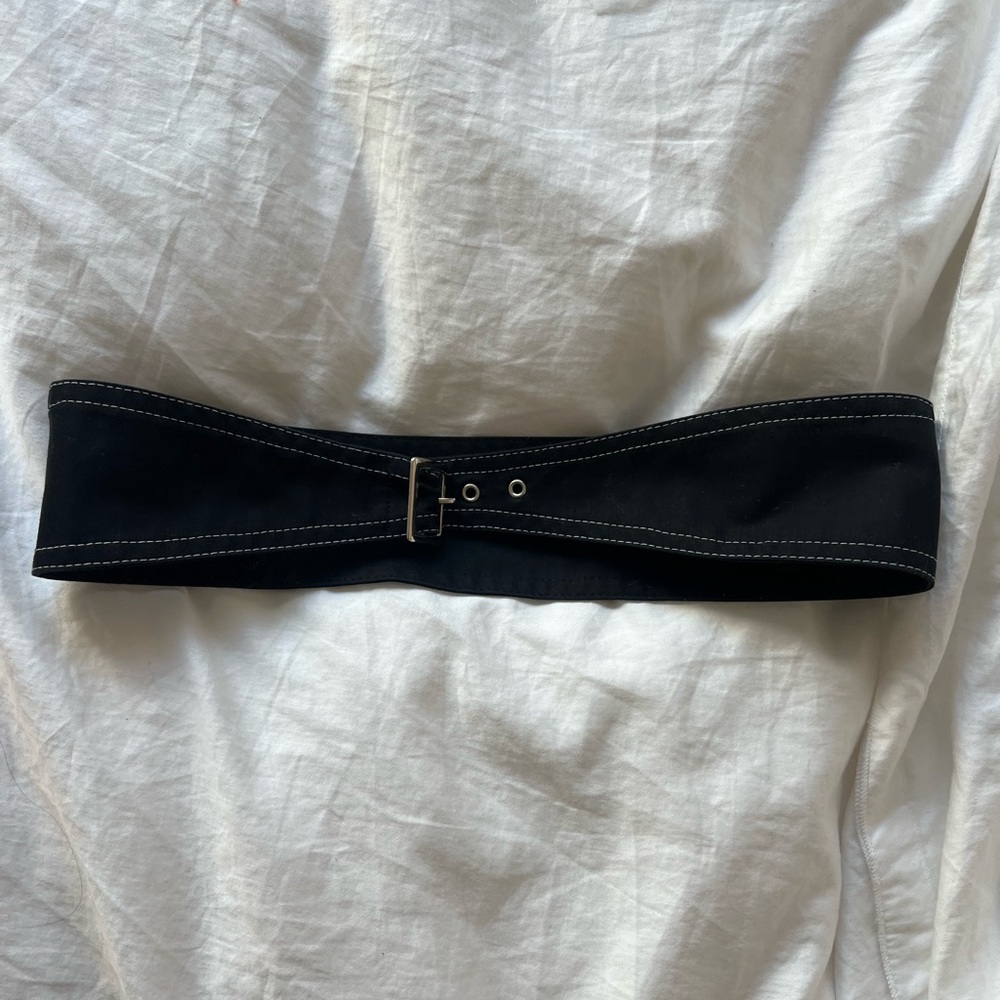 Black Wide Waist Belt with Contrast Stitching and Silver Buckle